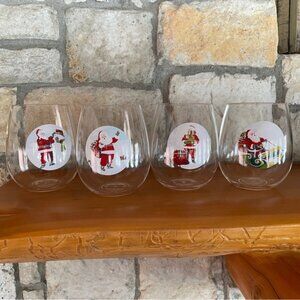 NIB Christmas Stemless Wine Glasses Set of 4 Clear Santa Design Acrylic BPA FREE